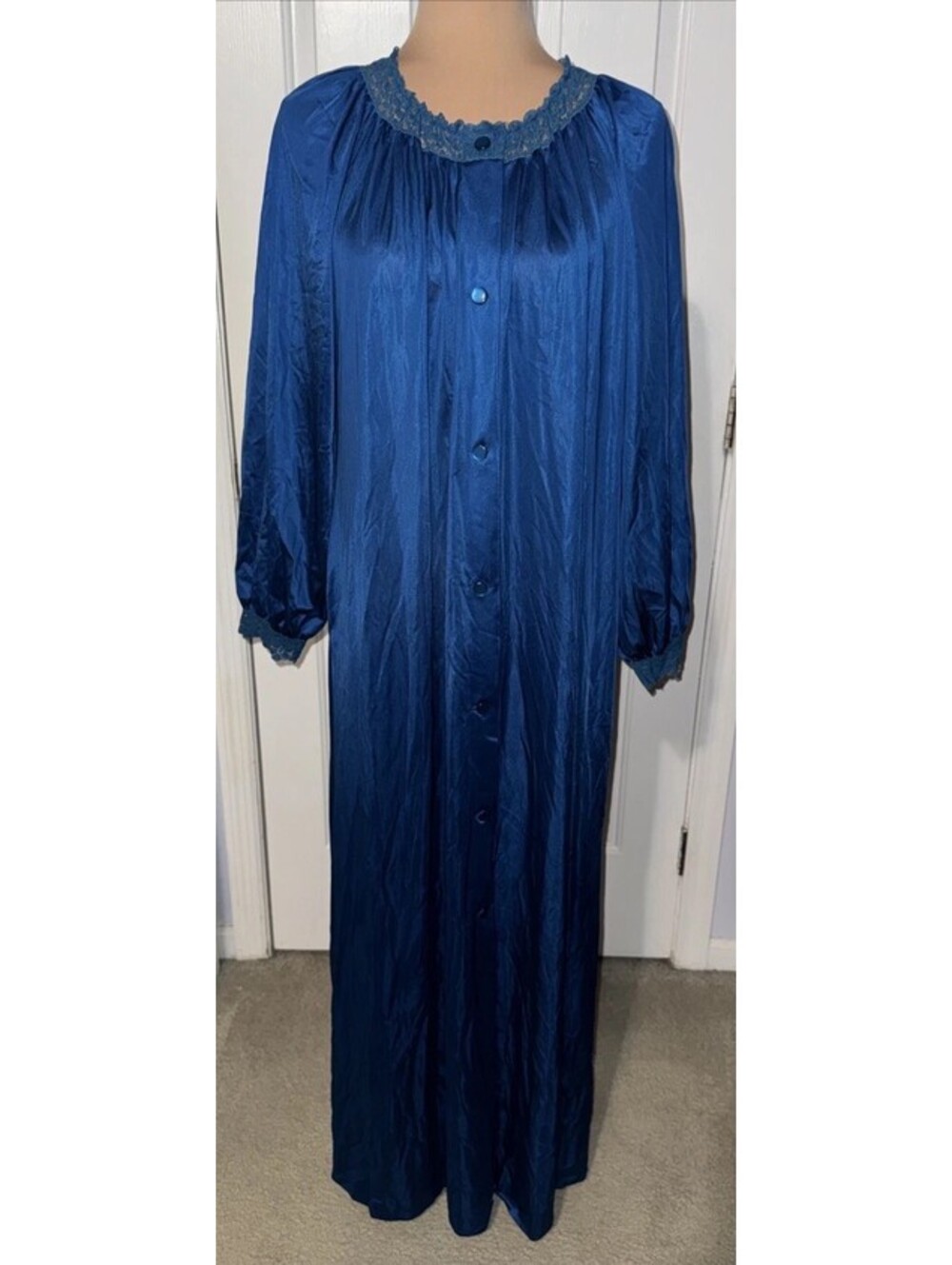 VTG SHADOWLINE Full ButtonUp Satin Long Nightgown Teal Blue Elegant Romantic Med